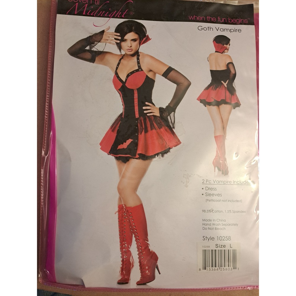 Seven til Midnight Goth Vampire Costume Dress Sleeves Red Black 10258 Large NEW